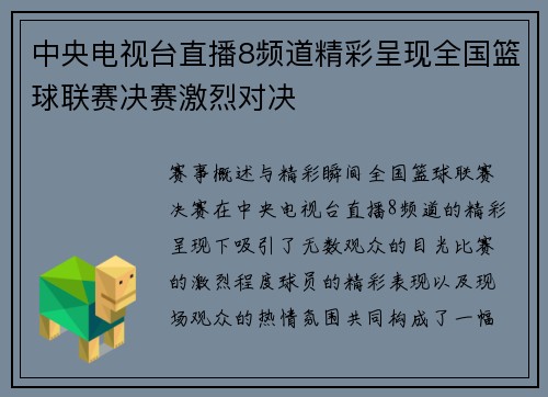 中央电视台直播8频道精彩呈现全国篮球联赛决赛激烈对决