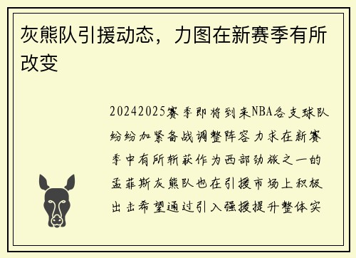 灰熊队引援动态，力图在新赛季有所改变