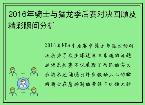 2016年骑士与猛龙季后赛对决回顾及精彩瞬间分析