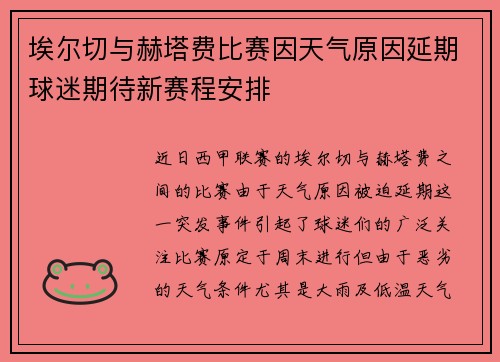 埃尔切与赫塔费比赛因天气原因延期球迷期待新赛程安排