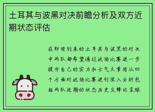 土耳其与波黑对决前瞻分析及双方近期状态评估
